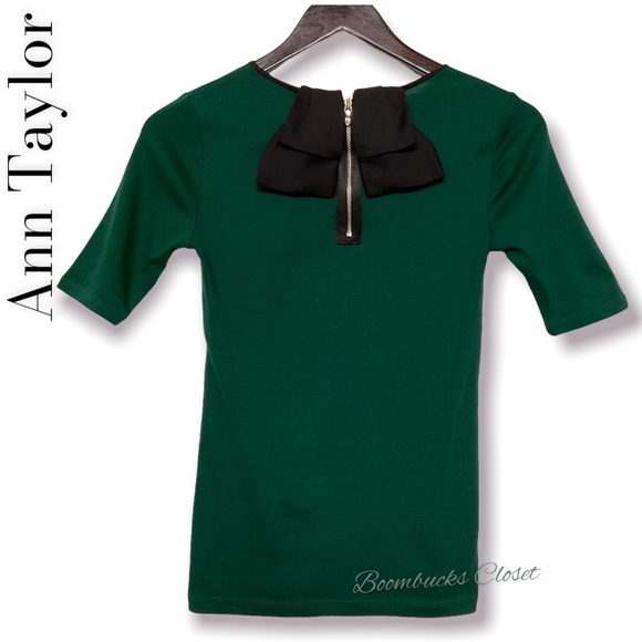 Ann Taylor Hunter Green Blouse, Shirt with back Bow, Bodycon Petite XS - Picture 2 of 13